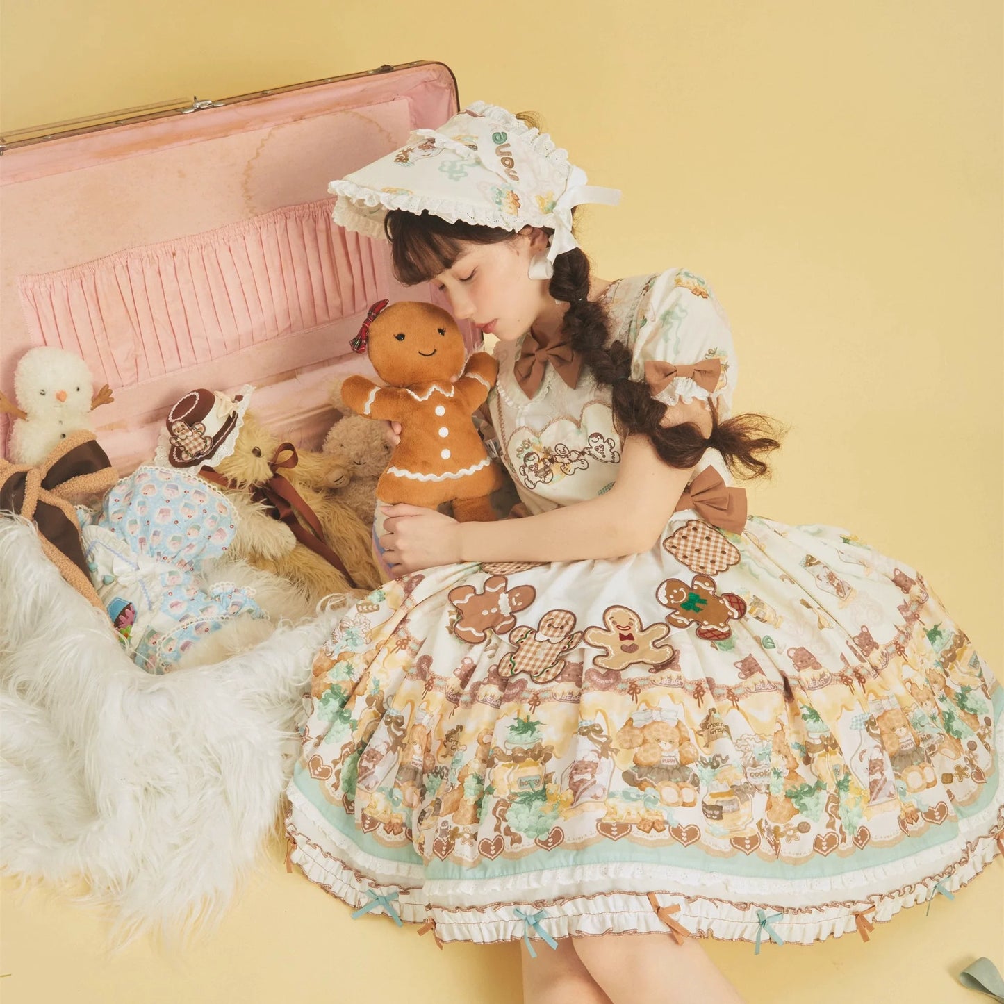 Babyblue - Little Bear Honey Jar - Kawaii Lolita Short Sleeve OP Gingerbread Man Embroidered Dress