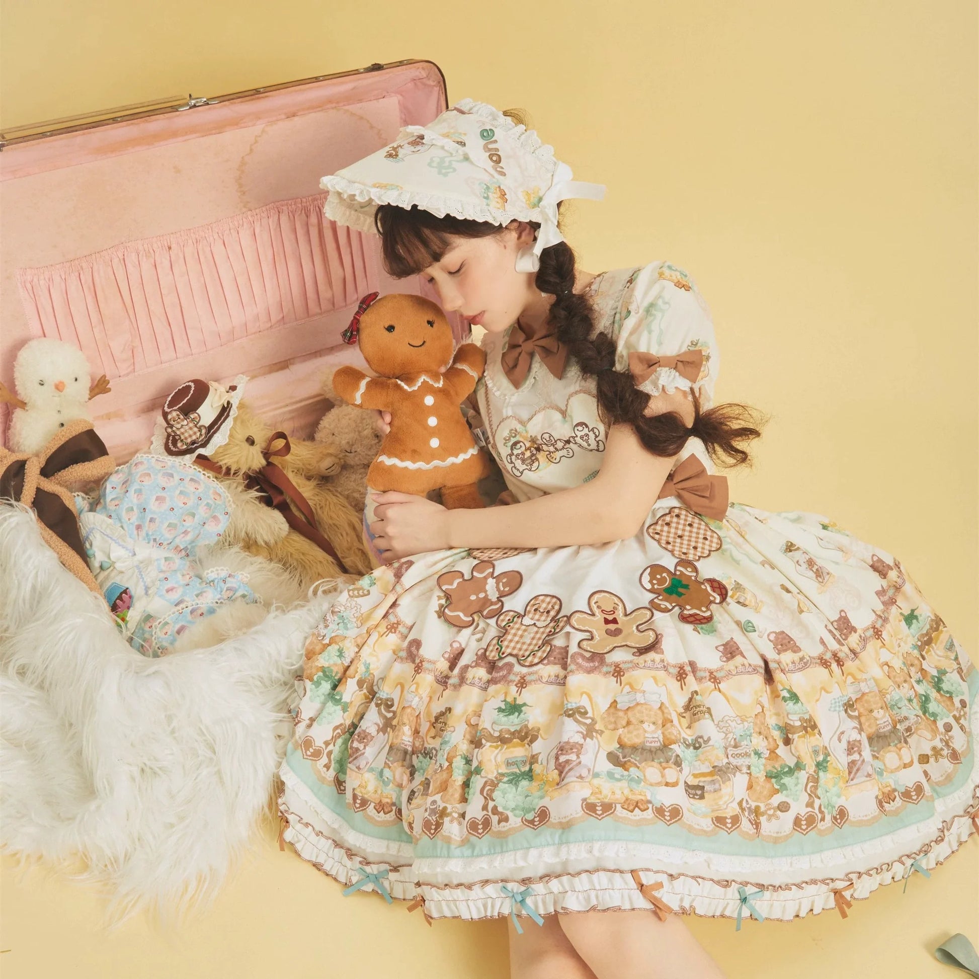 Babyblue - Little Bear Honey Jar - Kawaii Lolita Short Sleeve OP Gingerbread Man Embroidered Dress