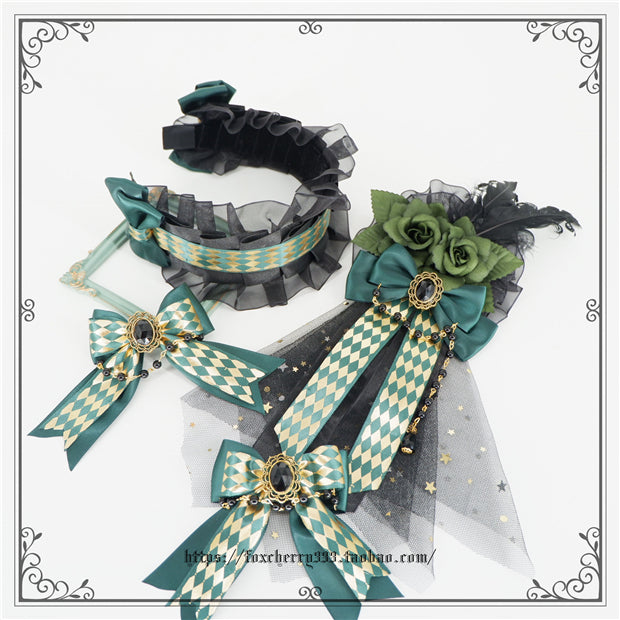 Fox Cherry - Green Lattice Rabbit Ear Bow Lolita Hat Headdress