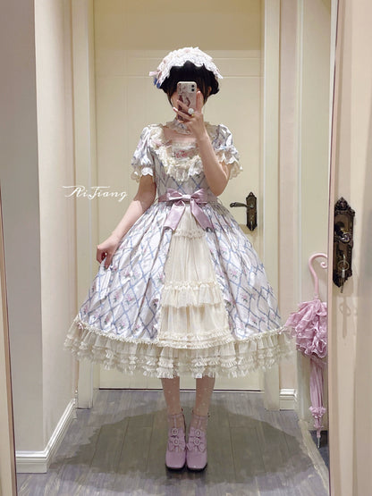 Moon River - Elegant Lolita OP Dress Short Sleeve Square Neckline Print Dress