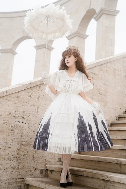 Cornfield Lolita - Silent Church - Gothic Lolita JSK Front Open Printed Dress and Thin Cardigan Set