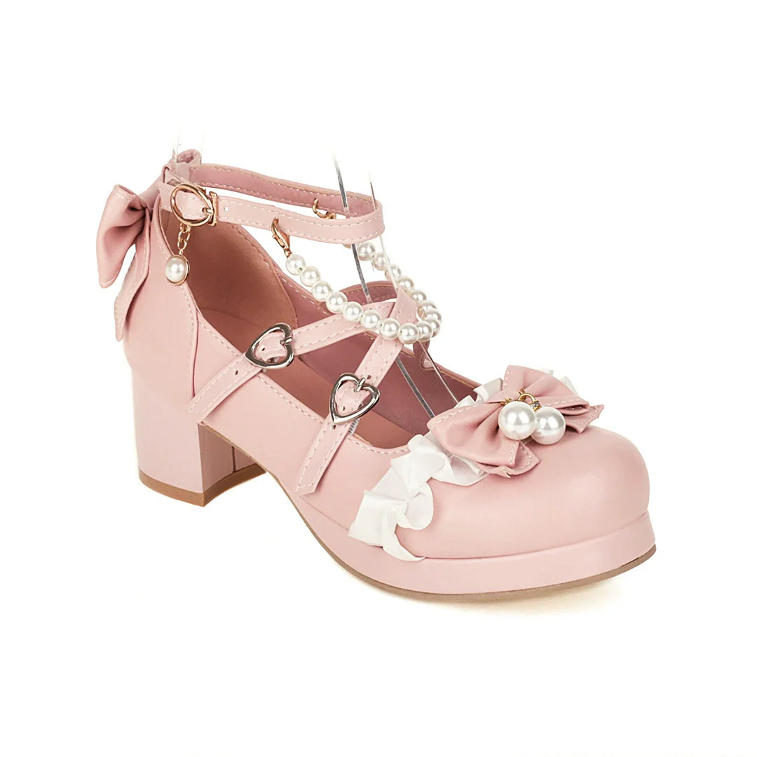 Yana - Round Toe Sweet Lolita Shoes, Detachable Pearl Chain