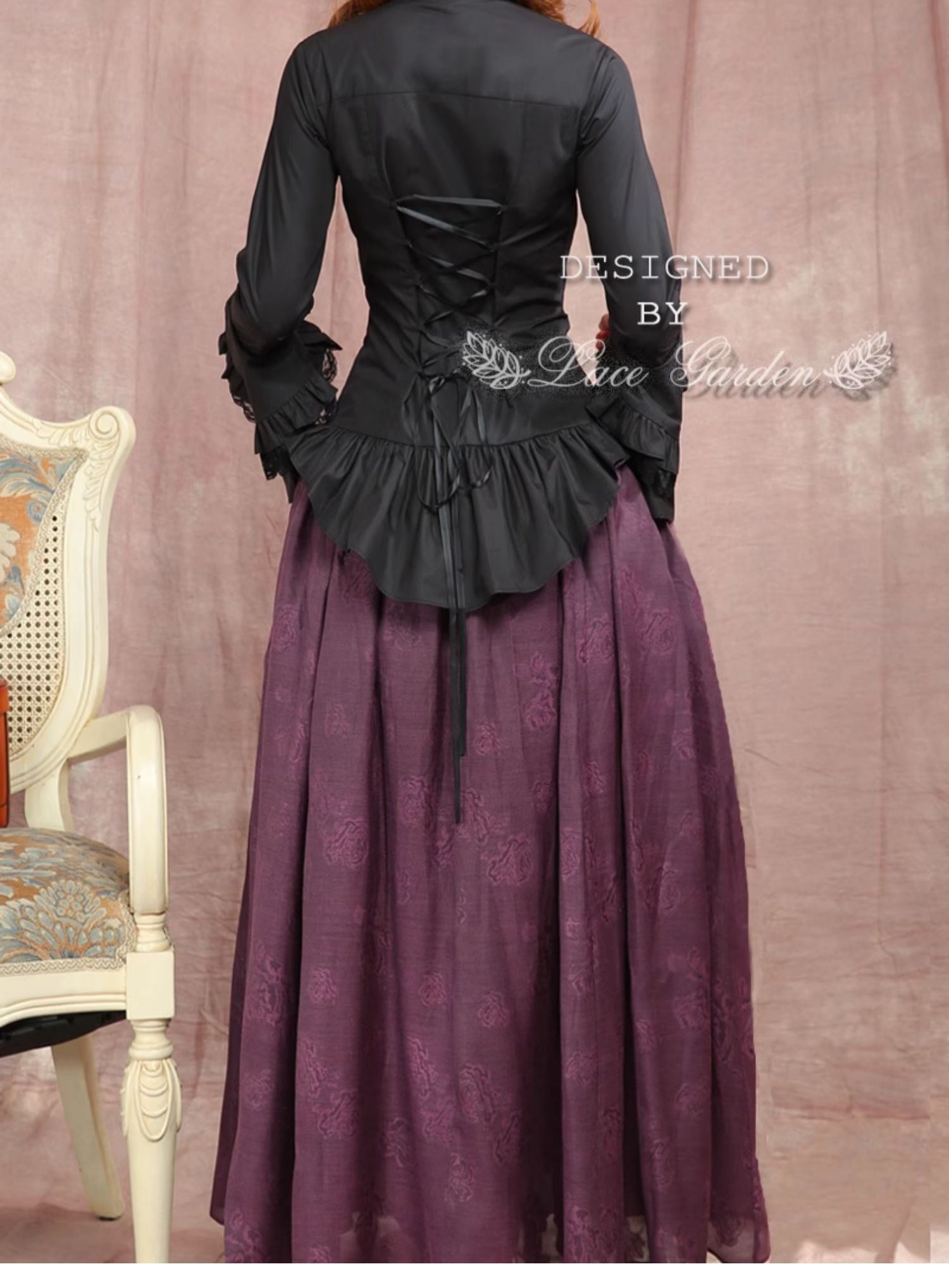 Lace Garden - Dark Angel - Gothic Lolita Shirt with Long Sleeve and Ruffled Long Tail