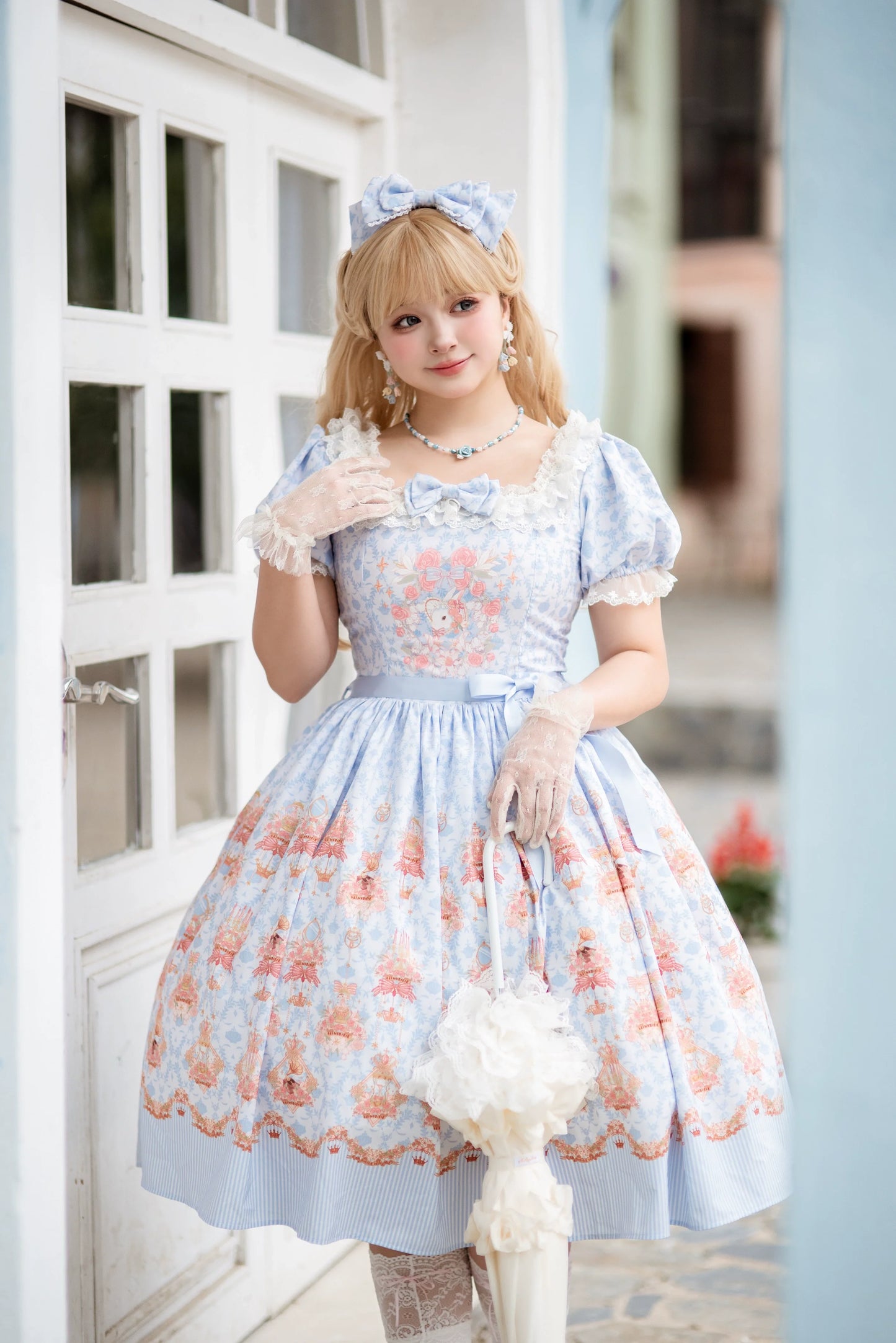 Strawberry Witch - Rose Garden Bunny - Daily Lolita Rose Bunny Printing OP JSK Dress Set