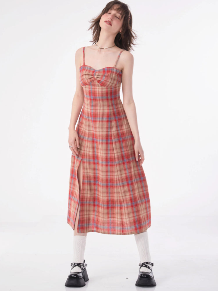 Retro plaid suspender dress【s0000007831】