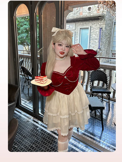 Yingtang - Plus Size Lolita Dress Velvet Long Sleeve
