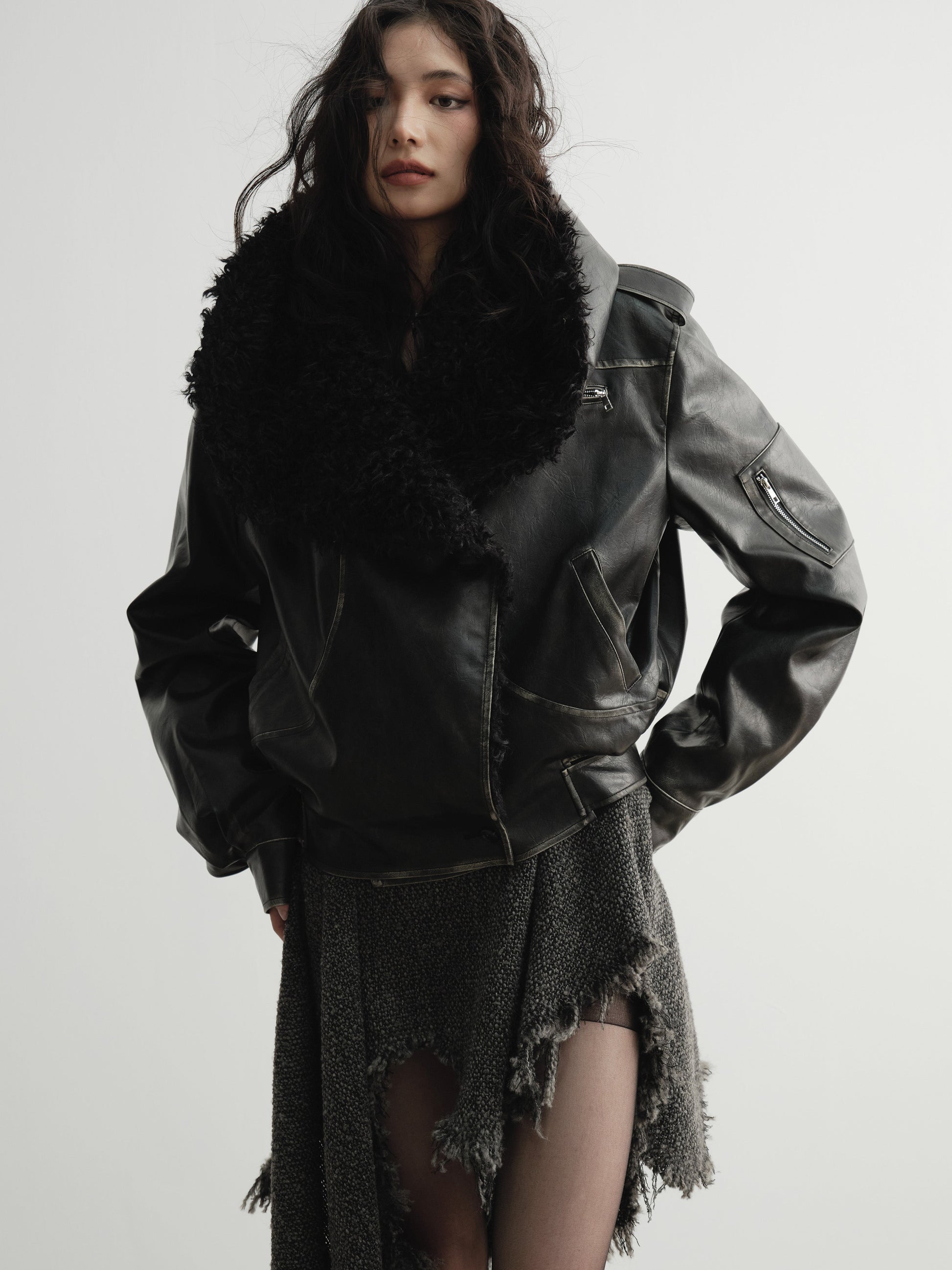 Big Fur Collar Distressed PU Leather Jacket