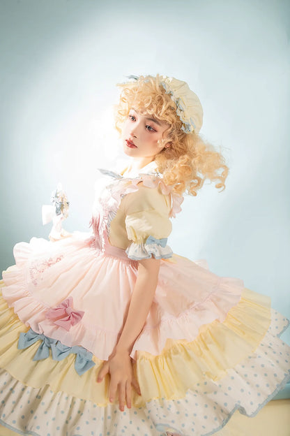 Vcastle - Sweet Lolita OP Dress Splicing Sleeve Apron Dot Print Dress