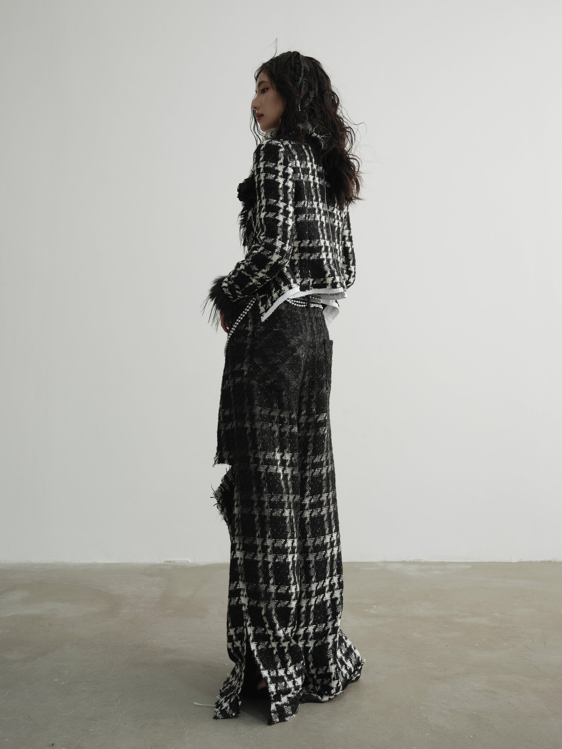 Punk Heavy Sense Raw Edge Gradient Wide Leg Plaid Trousers