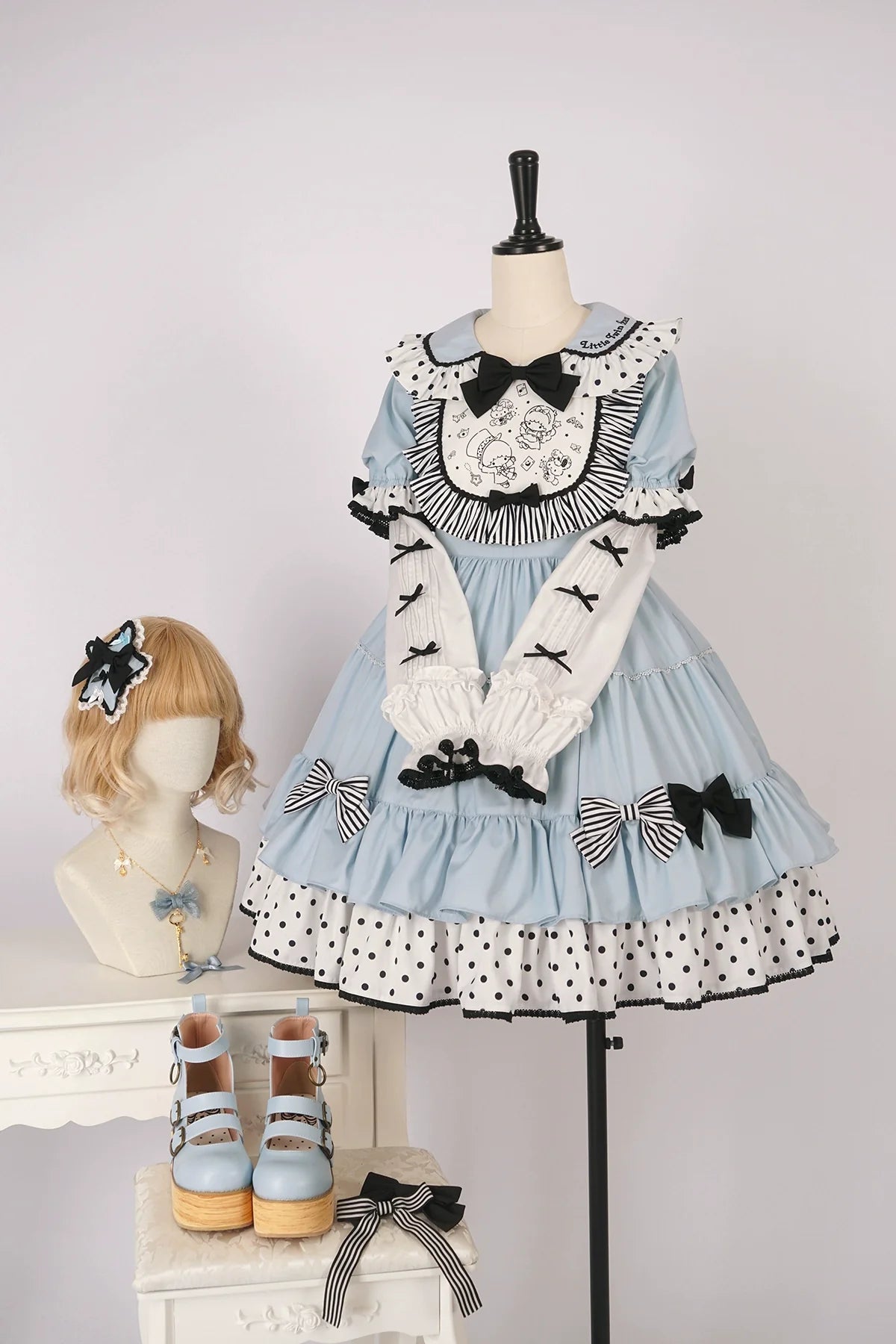 Vcastle - Sweet Lolita OP Dress Splicing Sleeve Apron Dot Print Dress
