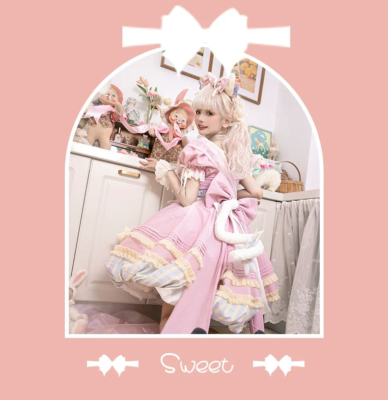OCELOT - Sweet Lolita Pink Cat Tail OP Dress Set
