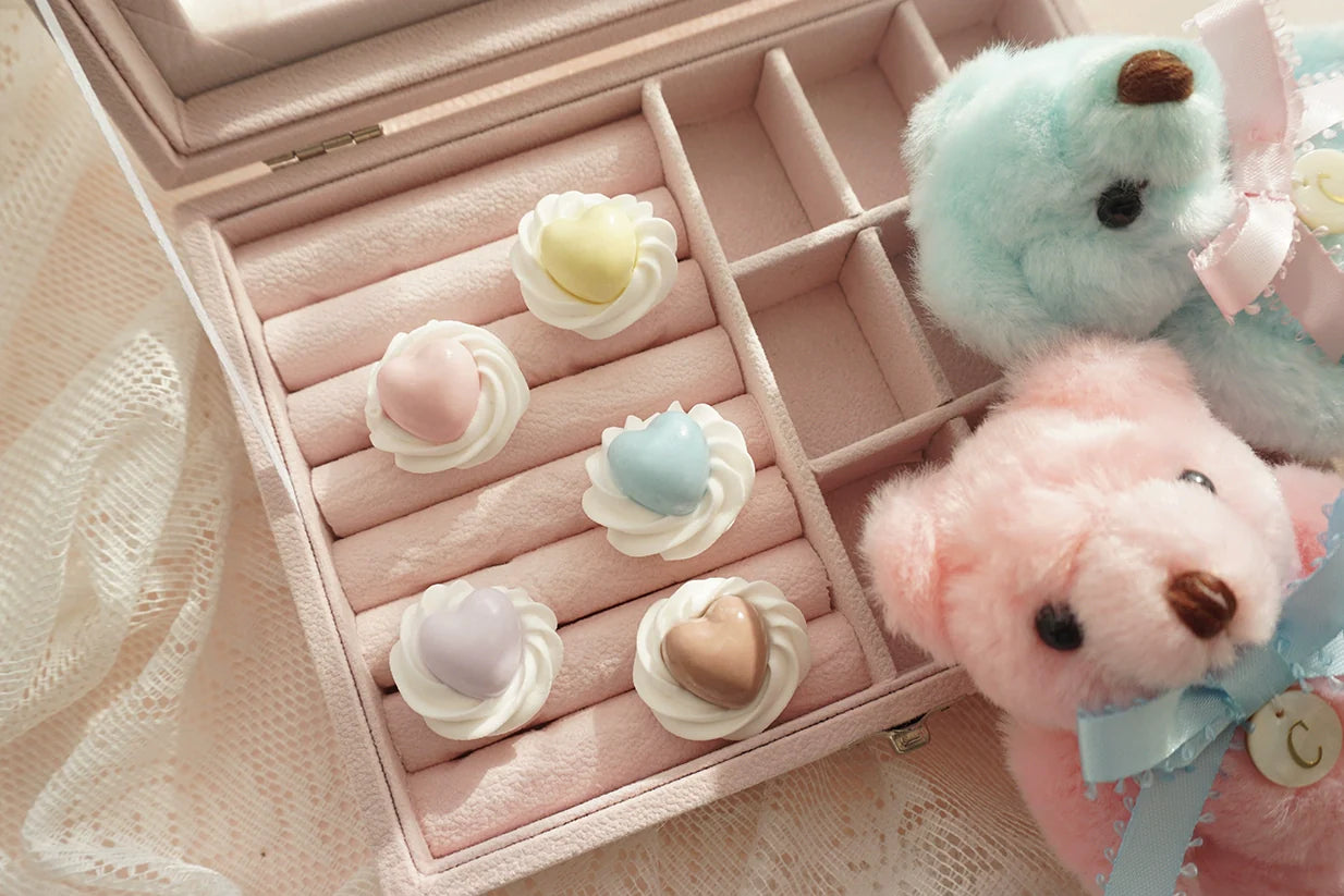 Cat Tea Party - Cute Lolita Ring Handmade Clay Cream Heart Shape Adjustable Ring