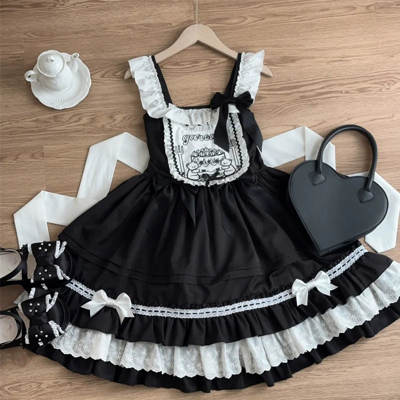 Hanguliang - Sweet Bear - Kawaii Lolita JSK Dress Embroidery Flounce Hem