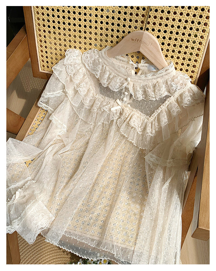 With PUJI - Letters and Poems - Summer Classic Lolita Shirt with Dotted Tulle and Long Sleeve