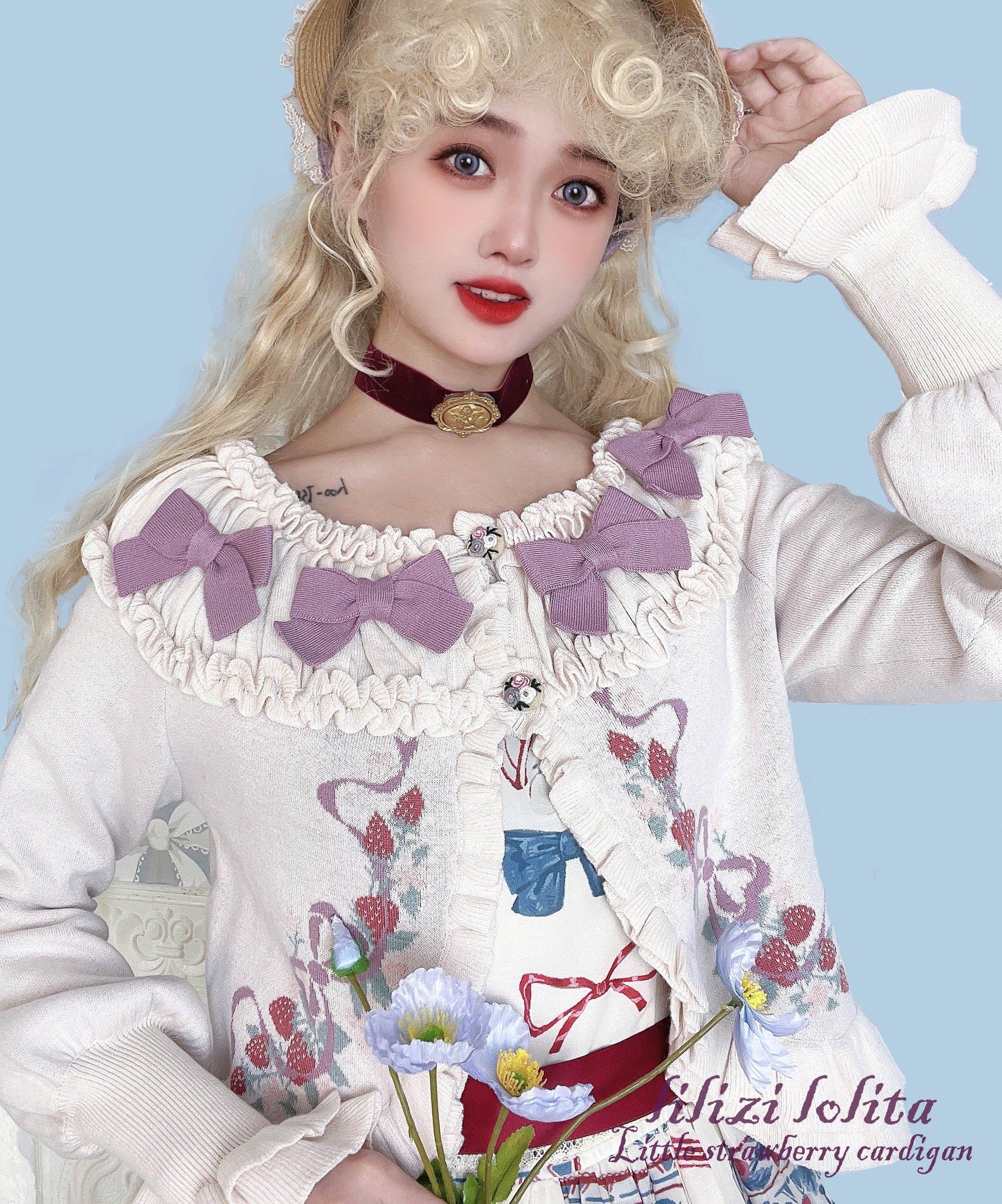 Lilizi - Little Strawberry - Sweet Lolita Cardigan Ivory Sweater with Bows