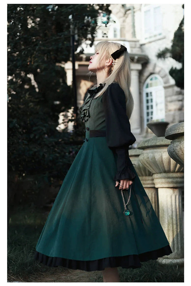 With PUJI - College of Potions - Elegantt Lolita OP Dress Black and Green Dress with Cape