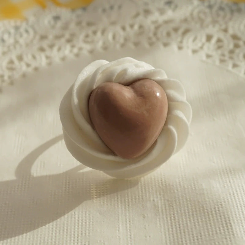 Cat Tea Party - Cute Lolita Ring Handmade Clay Cream Heart Shape Adjustable Ring
