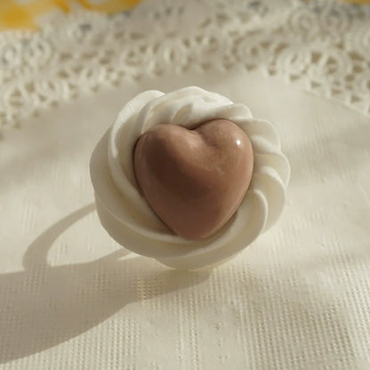 Cat Tea Party - Cute Lolita Ring Handmade Clay Cream Heart Shape Adjustable Ring