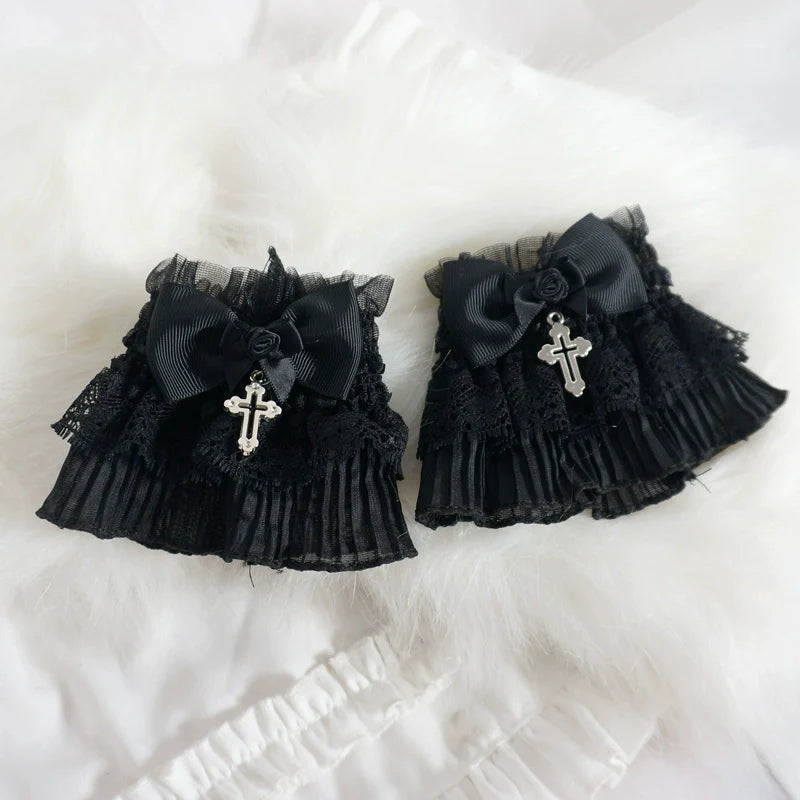 MaoJiang Handmade - Gothic Lolita Cuffs Black Rose Lace Cross Stretch Handcuff