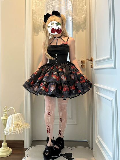 Gloaming - Sweet Lolita Cherry print Short Sleeve OP and SK Set