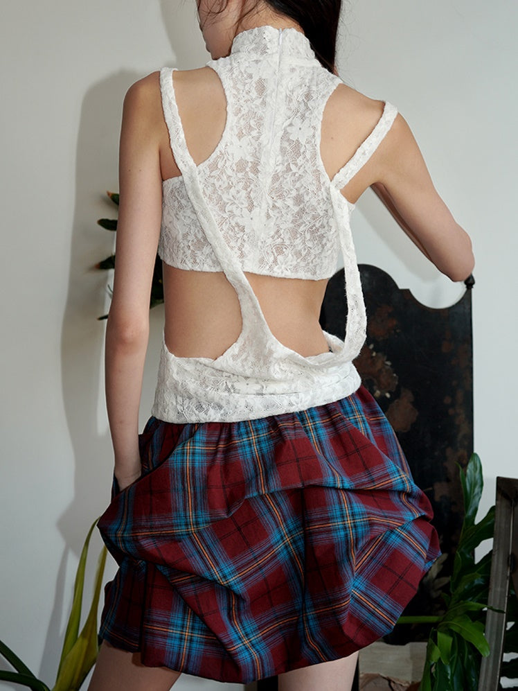 Plaid 2Way Design Short Bud Skirt & Bare Top
