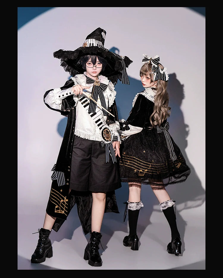 Forest Fluorescent Carps - Black and White Sonata - Ouji Lolita Vest Suit and Vintage Lolita OP Dress
