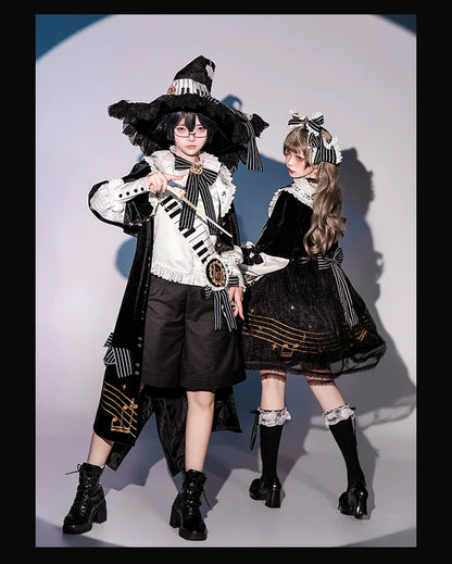 Forest Fluorescent Carps - Black and White Sonata - Ouji Lolita Vest Suit and Vintage Lolita OP Dress