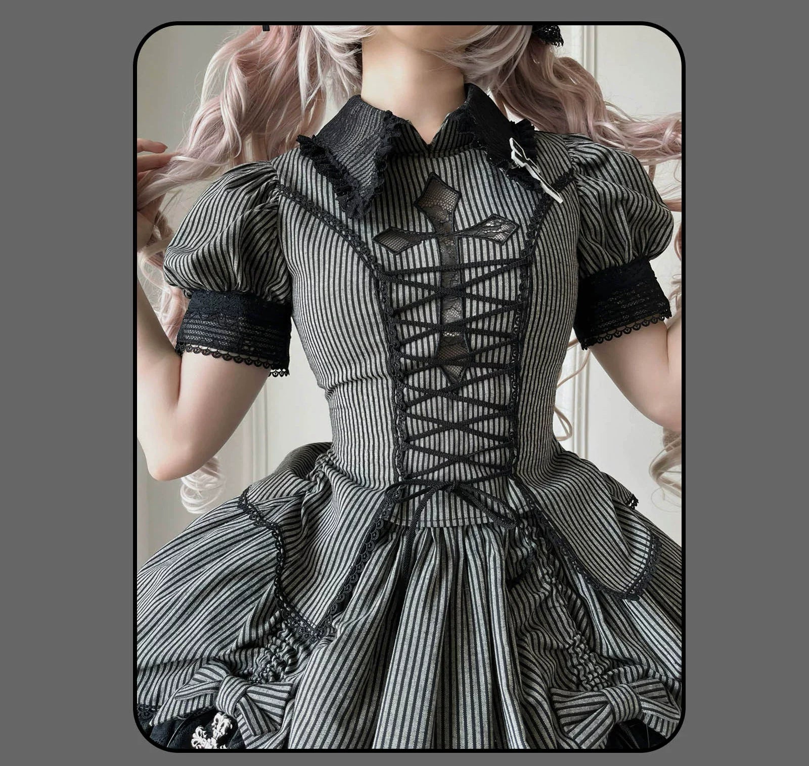 Susin Lolita - Striped Cross - Gothic Coordinated Lolita Set, Adjustable Blouse & Skirt