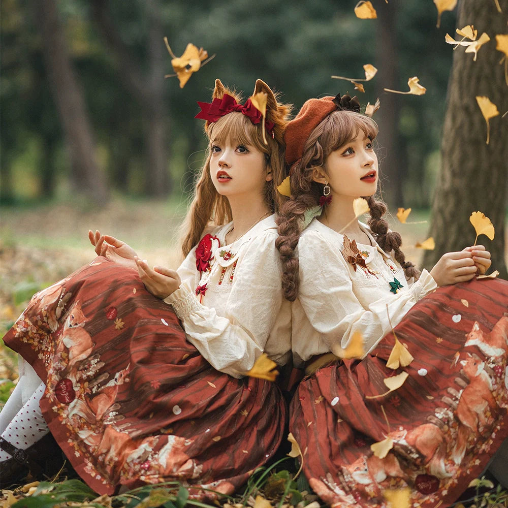 Miss Point - Chubby Fox in the Forest - Sweet Lolita Shirt Embroidered Collar Customized Blouse