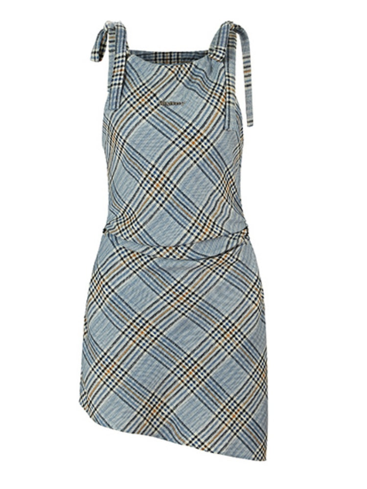 Sleeveless Check Suspender Asymmetric Dress【s0000002218】