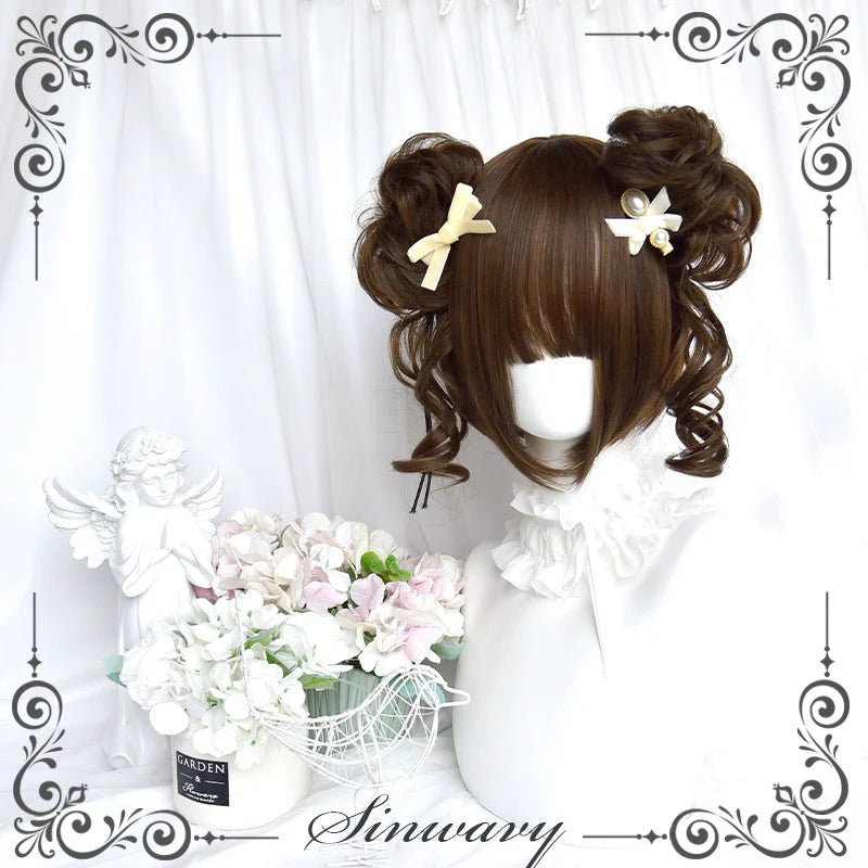 Sinwavy - Kawaii Lolita Brown Wig Cute Bun Ponytail Doll-like Wig