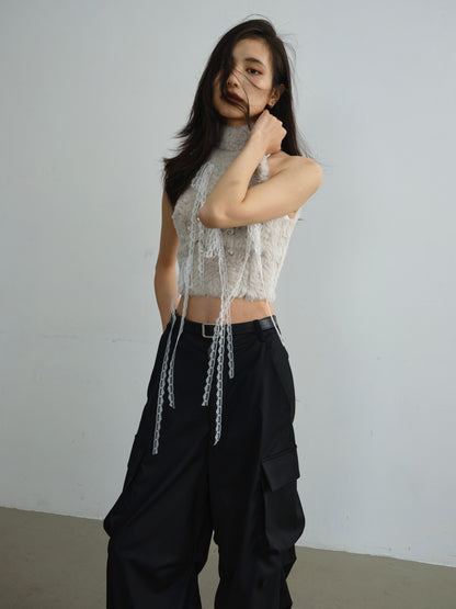 Fur Lace Tassel Sleeveless Top