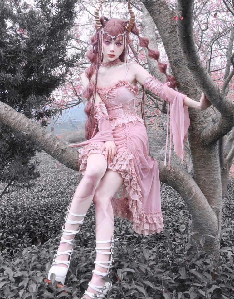 Blood Supply - Sakura Nightmare - Pink Gothic Velvet Drawstring Dress