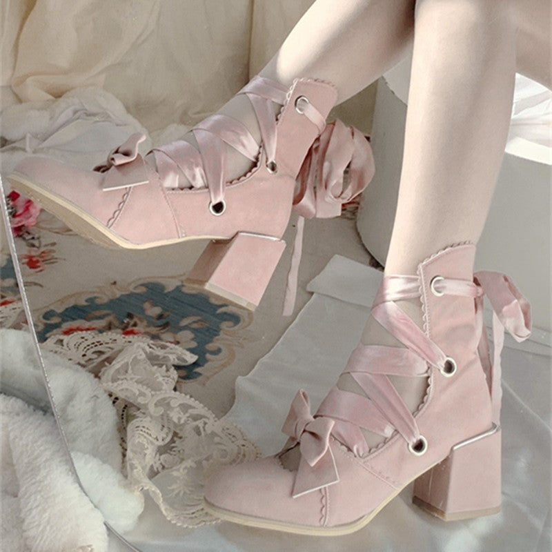 MR.Qiutian - Muse Kiss - Elegant Lolita Shoes Lace-up Bow Heels Round Toe