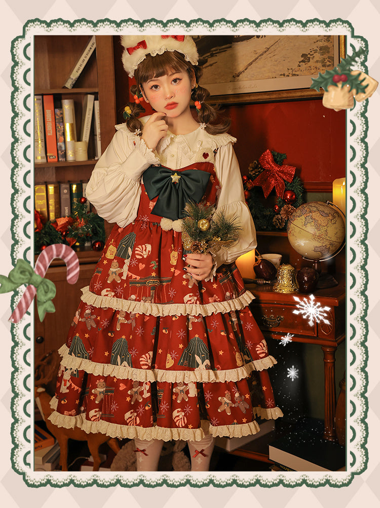 Yingtang - Plus Size Lolita Dress Set Christmas Winter Two-piece
