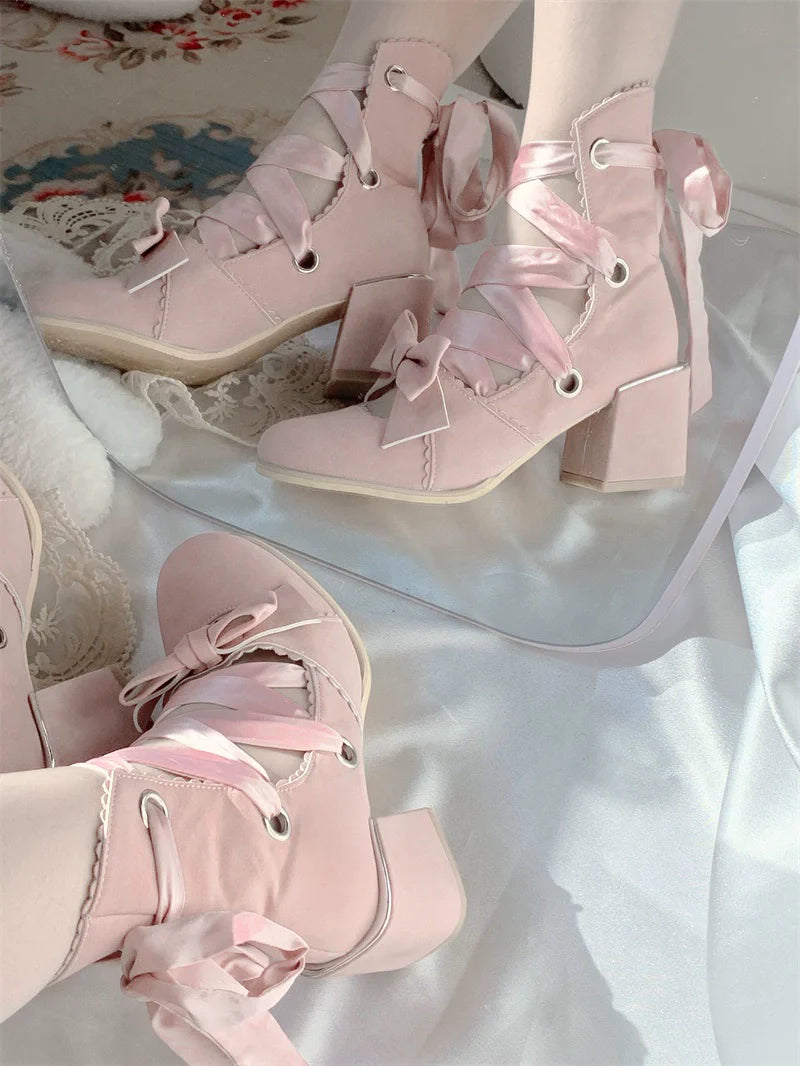 MR.Qiutian - Muse Kiss - Elegant Lolita Shoes Lace-up Bow Heels Round Toe