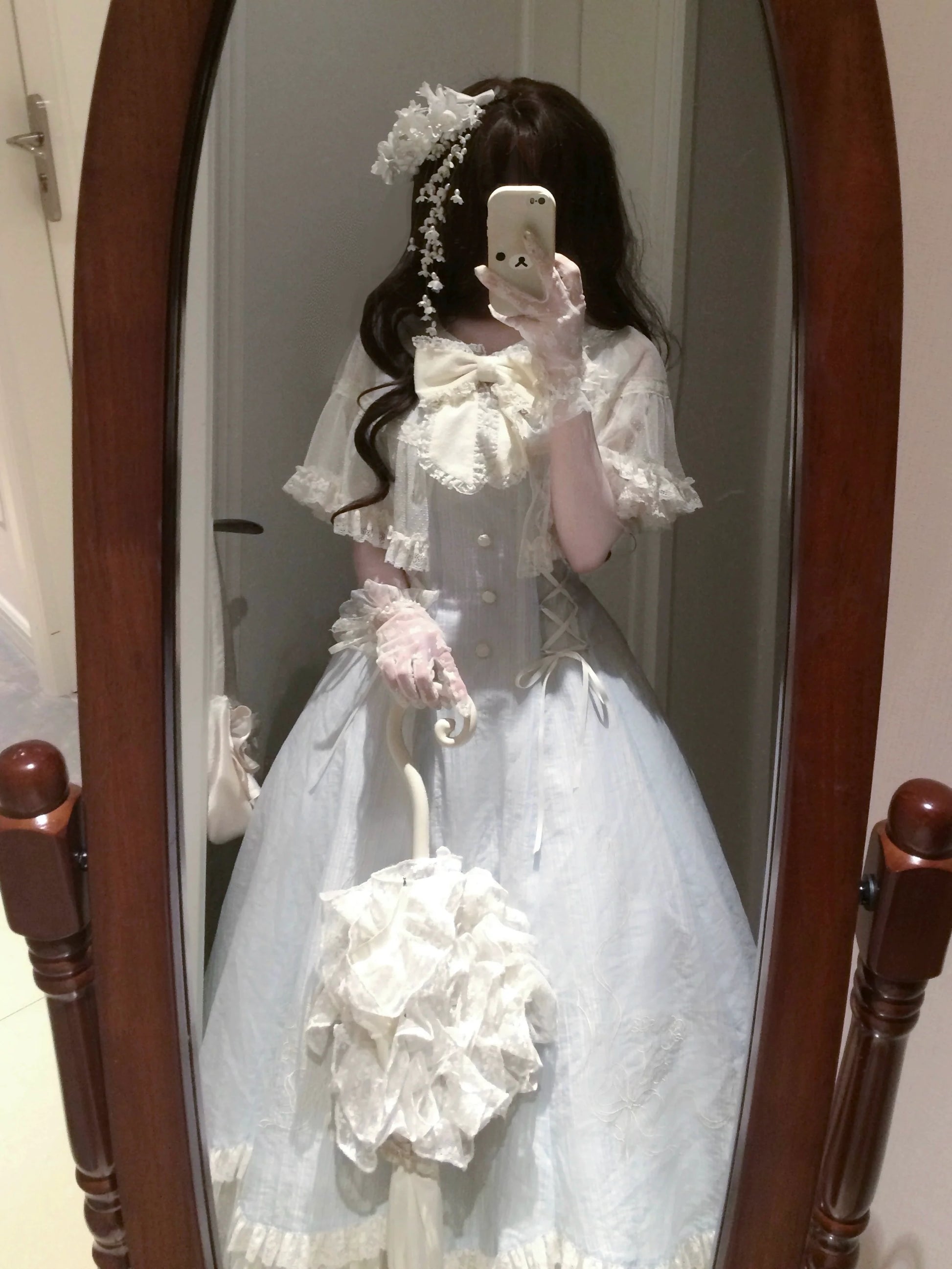 Kuma - Little Wind Chime - Elegant Lolita OP Water Blue Dress With Decorative Tulle Cape