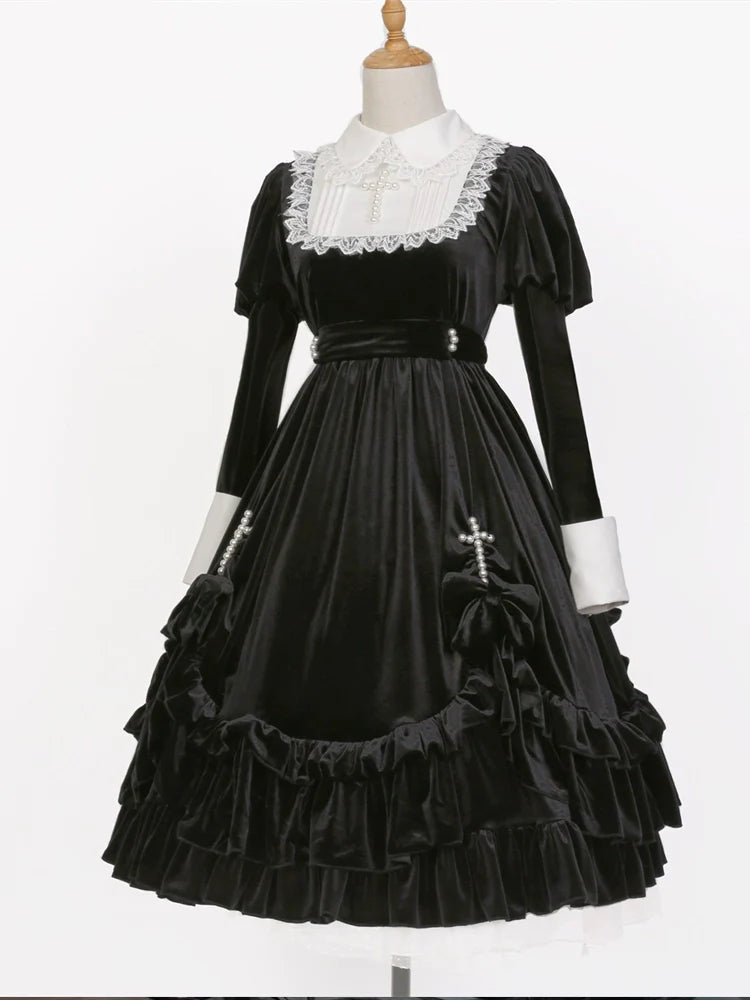 Your Princess - Gothic Lolita Velvet Maid OP Dress, Pearl Cross Accents