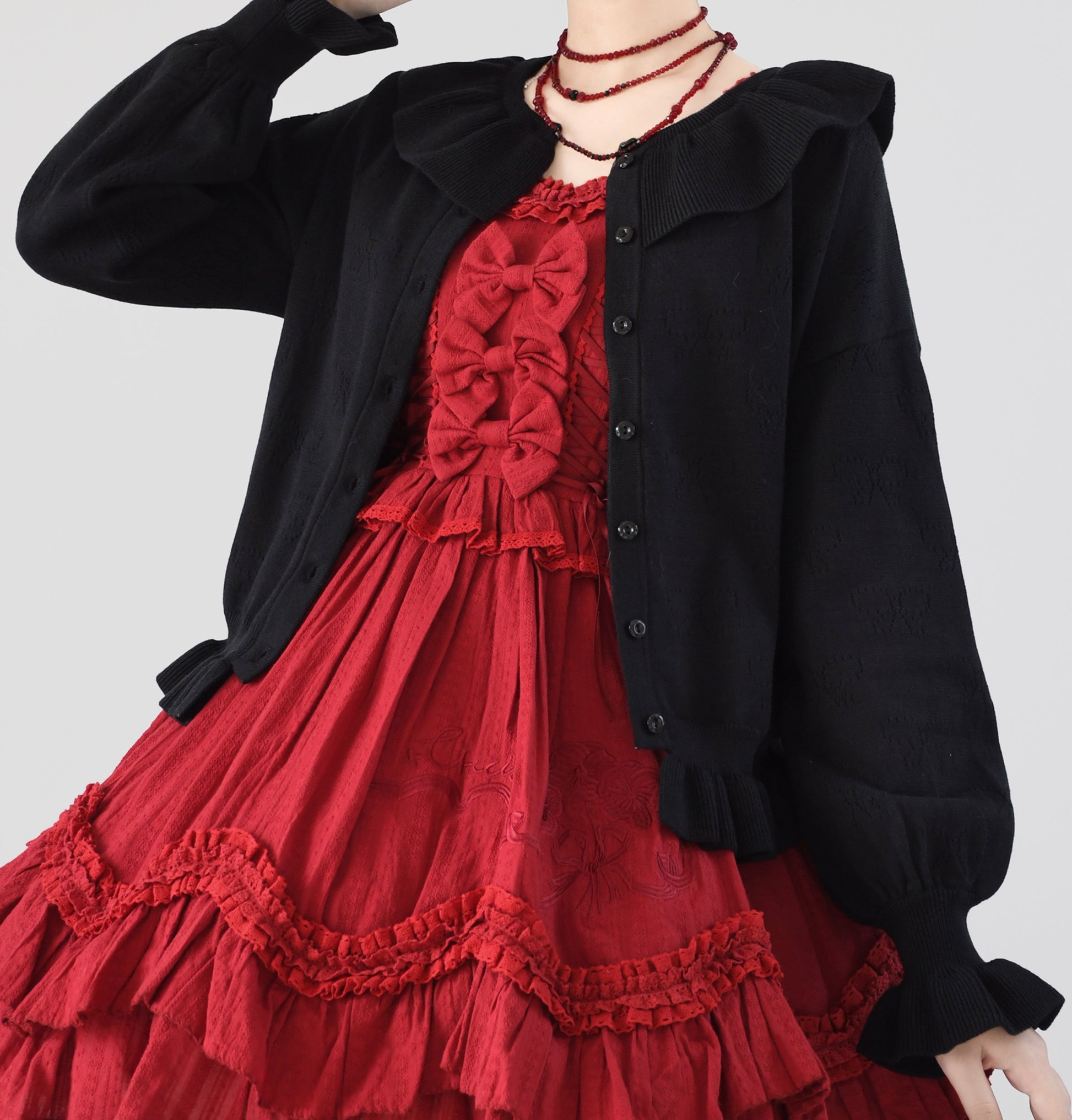 MIST - Vintage Lolita Bow Hollowed-out Sweater Ruffled Cardigan