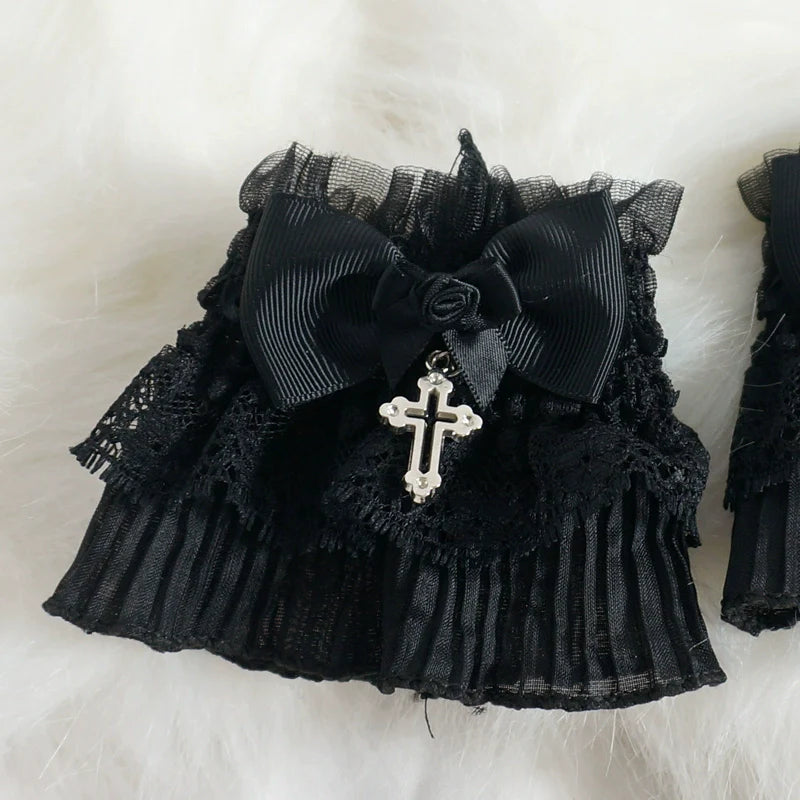 MaoJiang Handmade - Gothic Lolita Cuffs Black Rose Lace Cross Stretch Handcuff