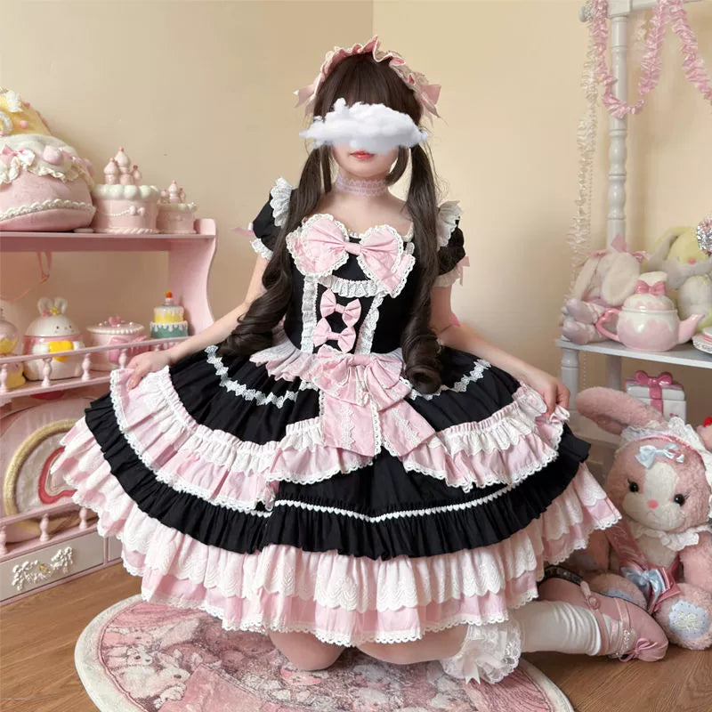 Hanguliang - Showa Flower Butterfly - Pink Sweet Lolita OP Dress With Bows & Lace Trim