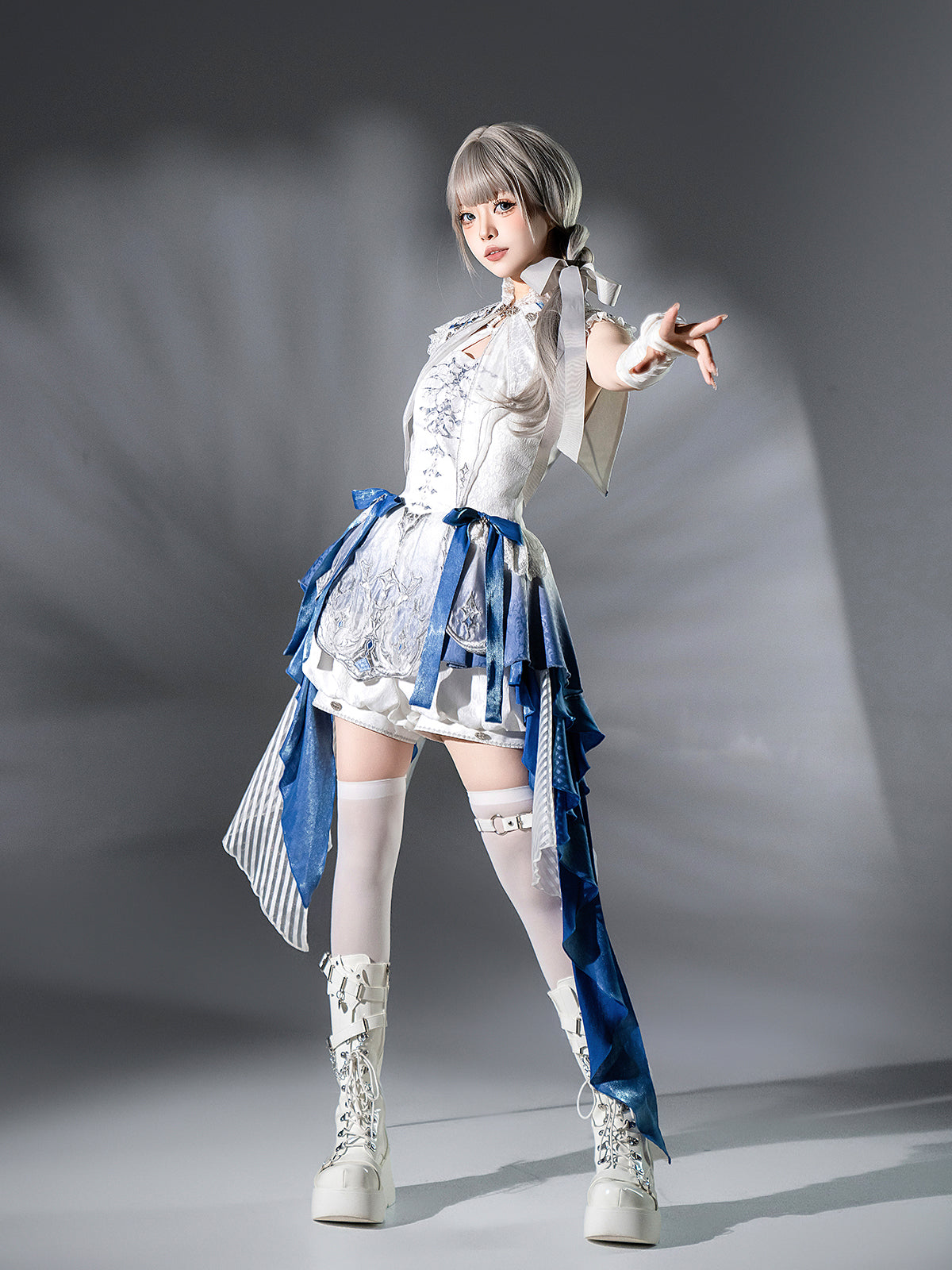 Designer's Gift - Blue Dragon Bone - Ouji Lolita Shorts Suit with Embroidery and Trailing