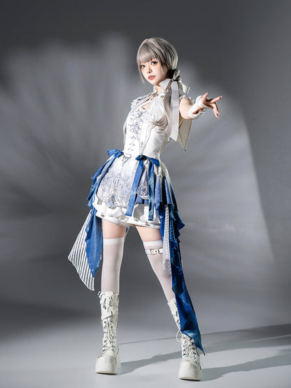 Designer's Gift - Blue Dragon Bone - Ouji Lolita Shorts Suit with Embroidery and Trailing