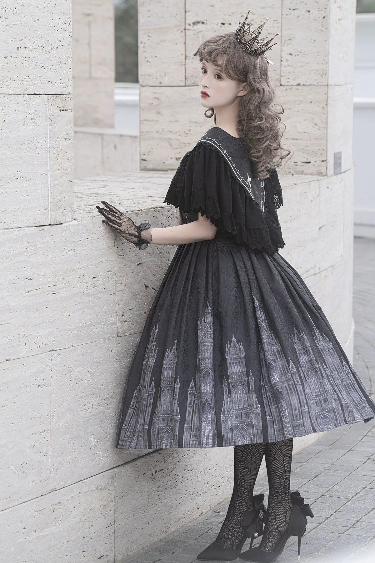 Cornfield Lolita - Silent Church - Gothic Lolita JSK Front Open Printed Dress and Thin Cardigan Set