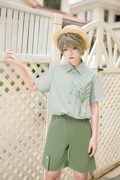 Princess Chronicles - Limited Flowering Time - Retro Green Flower Embroidery Shirt
