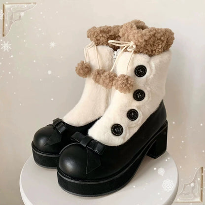 Dolly Doll - Winter Lolita Boots Fur Mary Jane Lolita Low Heel Shoes