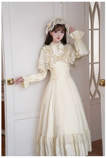 With PUJI - White Daylight - Elegant Lolita Long Sleeve OP Dress, Side Zipper