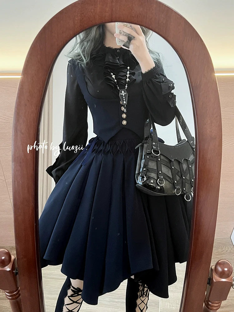 Sentaro - Pleated Irregular Knit Floral Slim Fit Vest and Half Skirt Set