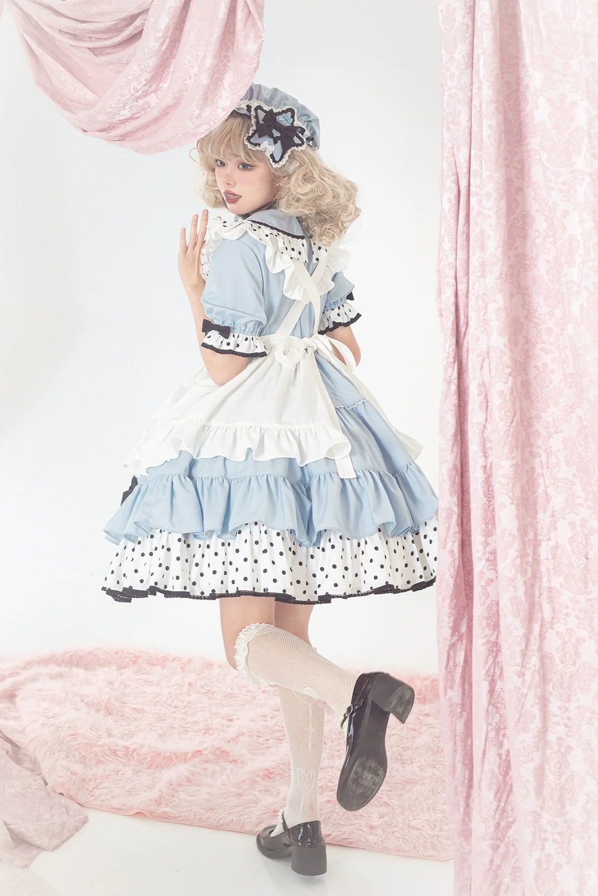 Vcastle - Sweet Lolita OP Dress Splicing Sleeve Apron Dot Print Dress