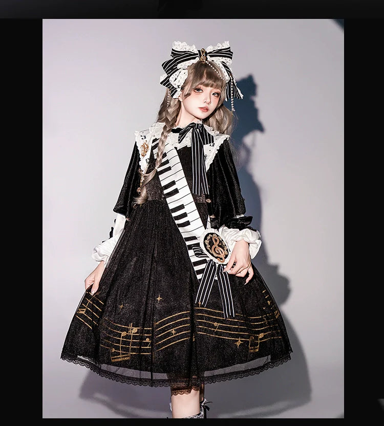 Forest Fluorescent Carps - Black and White Sonata - Ouji Lolita Vest Suit and Vintage Lolita OP Dress